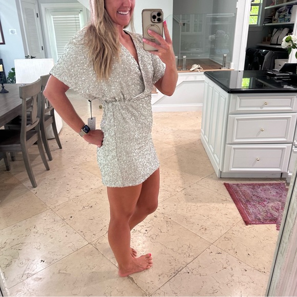 Saylor Tory Silver Short Sleeve Silver Sequin Mini Dress XSmall NWT - Picture 4 of 16